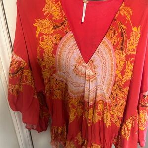 Free People Red and Gold Floral Blouse